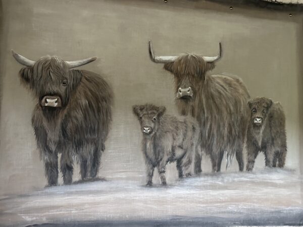Handgeschilderd Kalkdoek Met 4 Schotse Hooglanders San7 - Afbeelding 3