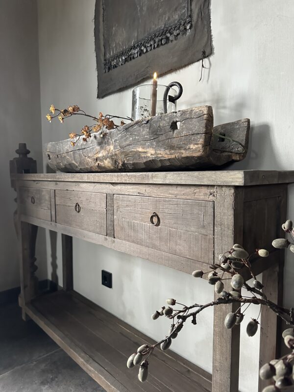 Lange Smalle Sidetable 3-Lades en Onderblad Driftwood 140x30 - Afbeelding 3