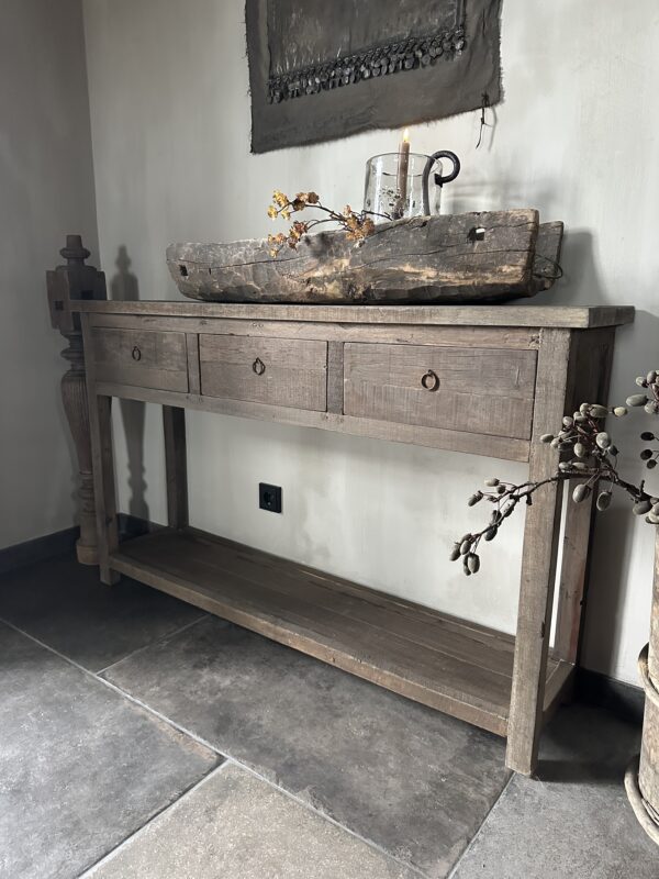 Lange Smalle Sidetable 3-Lades en Onderblad Driftwood 140x30 - Afbeelding 6