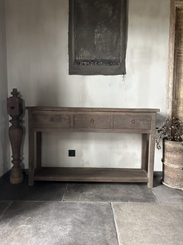 Lange Smalle Sidetable 3-Lades en Onderblad Driftwood 140x30 - Afbeelding 5